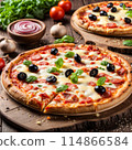Delicious pizza topped with cheese, tomato on wooden table. 114866584