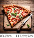 Delicious pizza topped with cheese, tomato on wooden table. 114866589