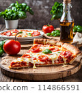 Delicious pizza topped with cheese, tomato on wooden table. 114866591