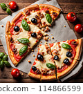 Delicious pizza topped with cheese, tomato on wooden table. 114866599