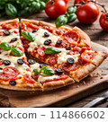 Delicious pizza topped with cheese, tomato on wooden table. 114866602
