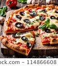 Delicious pizza topped with cheese, tomato on wooden table. 114866608