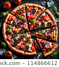 Tasty sliced pizza on black concrete background top view of hot pizza. 114866612