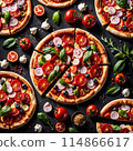 Tasty sliced pizza on black concrete background top view of hot pizza. 114866617