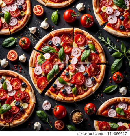 Tasty sliced pizza on black concrete background top view of hot pizza. 114866617