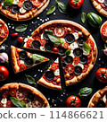 Tasty sliced pizza on black concrete background top view of hot pizza. 114866621