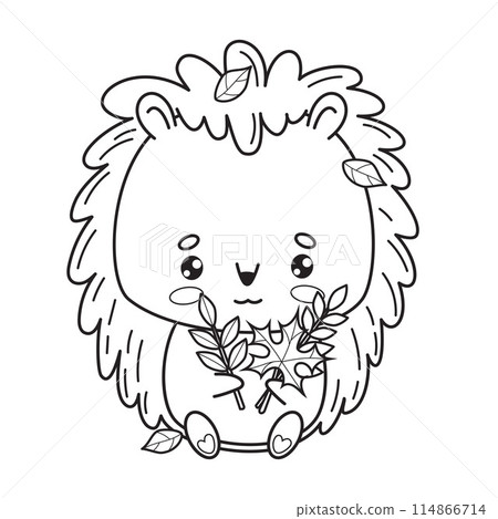 Cute hedgehog with autumn leaves. Vector illustration. Funny outline cartoon kawaii animal character. Line drawing, coloring book. Kids collection. 114866714