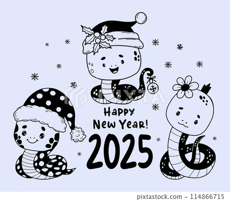 Christmas holiday snakes collection. Cute winter reptile in Santa hat and princess girl animal in doodle style. Vector isolated hand drawings. 2025 Year Snake according to Chinese lunar calendar. 114866715