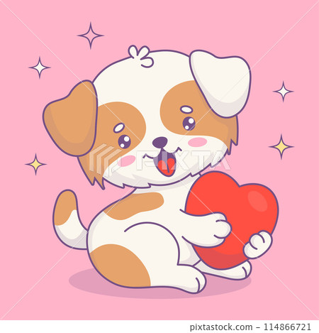 Cute happy puppy with heart. Funny cartoon kawaii character animal. Vector illustration . 114866721