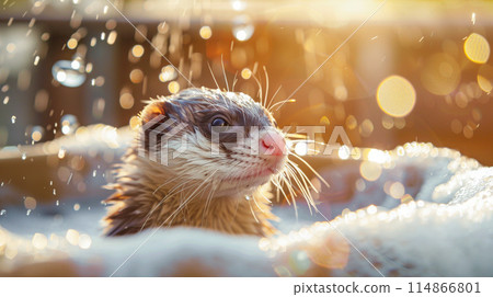 Wet ferret i in the modern bath, with foam and water splash close-up with sunlight. 114866801