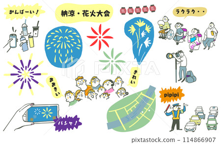 一群欣賞煙火表演的人和努力佈置煙火的人的插畫素材 一群欣賞煙火表演的人和努力佈置煙火的人的插畫素材 114866907