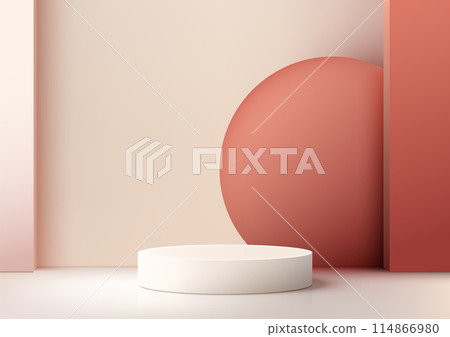 3D white pedestal with a smooth red circle resting on a beige room background, modern concept, product display, mockup, showroom, 3D white pedestal with a smooth red circle resting on a beige room background, modern concept, product display, mockup, showroom, 114866980