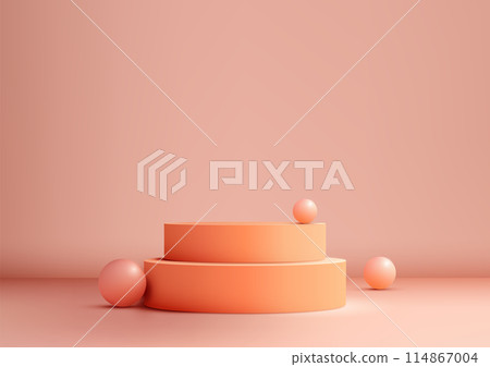 3D orange podium with pink balls sits on a soft pink background, minimal style 114867004