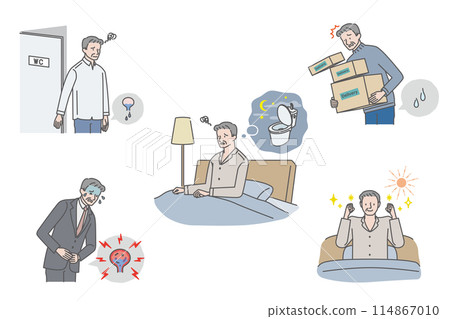 Senior man's urinary troubles (urinary incontinence, residual urine, frequent urination at night, cystitis) illustration set Senior man's urinary troubles (urinary incontinence, residual urine, frequent urination at night, cystitis) illustration set 114867010