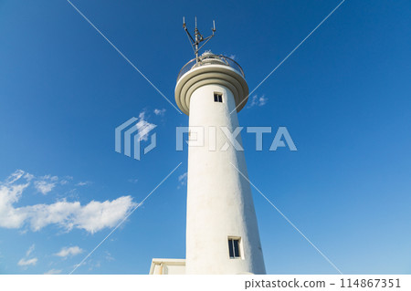 "Aomori Prefecture" Samekado Lighthouse, Hachinohe City, shining against the blue sky 114867351