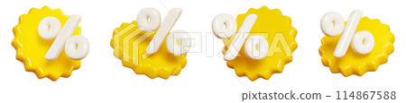 Yellow starburst sticker with percent sign floating in air. 3D render illustration set of round sunburst label with sale and discount sign for promotion. Flying in different angles badge icon. 114867588