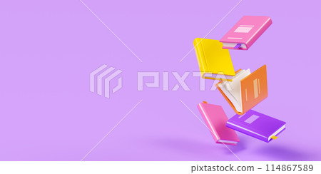 Flying closed and open books with bright hardcover on purple banner. Cartoon 3d render illustration of soar paper literature for school education and library concept. Floating brochure for bookstore. 114867589