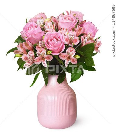 Bouquet of small roses and alstroemeria  flowers in a pink vase isolated 114867699