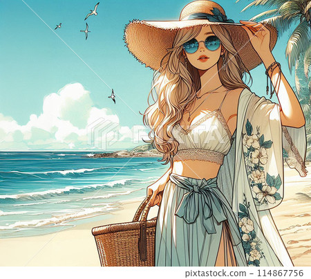 Beautiful girl on the beach in summer 114867756