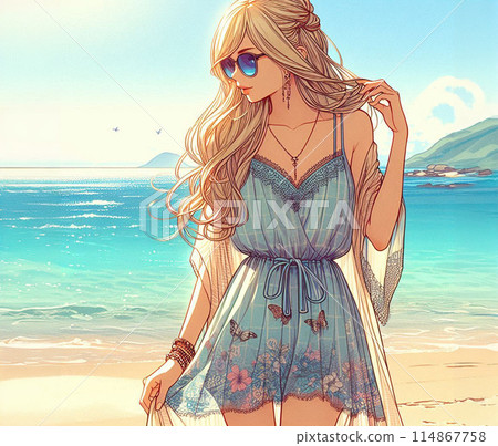 Beautiful girl on the beach in summer 114867758