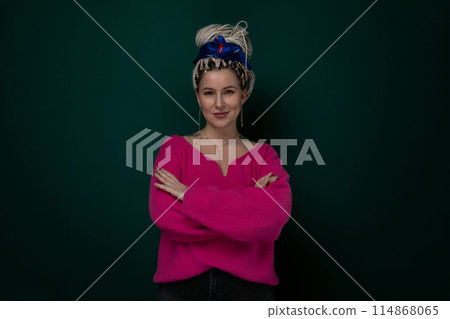 Woman in Pink Sweater Posing for Picture 114868065
