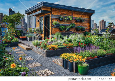 Urban rooftop garden with plants and flowers against the backdrop of a big city 114868236
