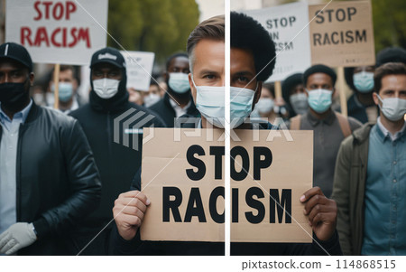 men of different races with a sign stop racism, equality concept 114868515