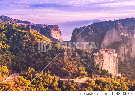 Sunset over Varlaam monastery in Meteora, Greece 114868679