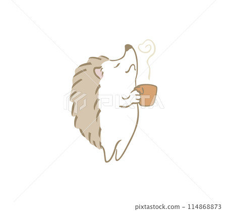 Illustration of a hedgehog closing his eyes and enjoying the aroma of coffee 114868873