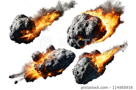 set of burning meteorites, asteroids on isolated background set of burning meteorites, asteroids on isolated background 114868916