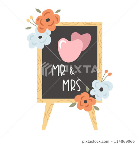 Hand drawn illustration of chalkboard, easel decorated with flowers for wedding day Hand drawn illustration of chalkboard, easel decorated with flowers for wedding day 114869066
