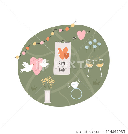 Vector map for wedding day with holiday symbols, icons. Vector map for wedding day with holiday symbols, icons. 114869085