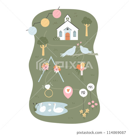 Vector map for wedding day with holiday symbols, icons. Vector map for wedding day with holiday symbols, icons. 114869087