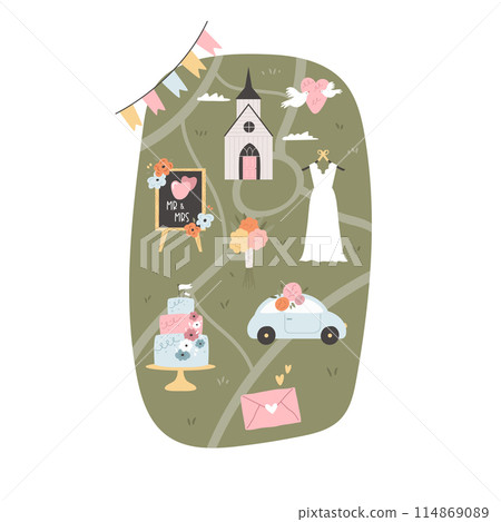Vector map for wedding day with holiday symbols, icons. Vector map for wedding day with holiday symbols, icons. 114869089