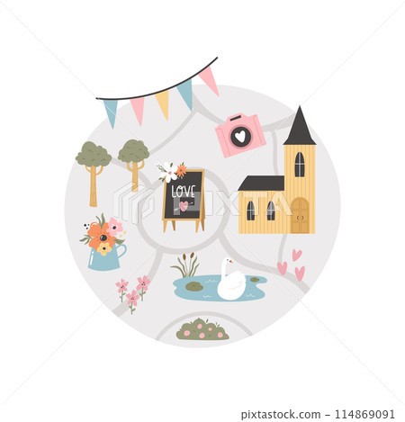 Vector map for wedding day with holiday symbols, icons. Vector map for wedding day with holiday symbols, icons. 114869091
