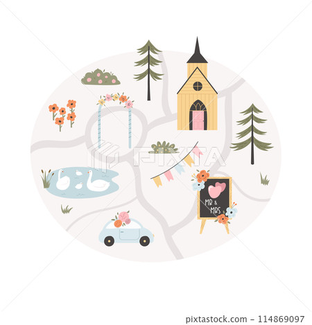 Vector map for wedding day with holiday symbols, icons. Vector map for wedding day with holiday symbols, icons. 114869097
