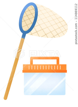 Illustration of a blue butterfly net and an orange butterfly cage Illustration of a blue butterfly net and an orange butterfly cage 114869112