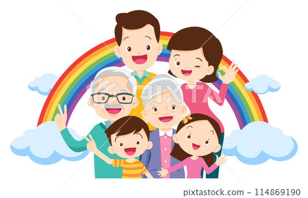 Happy big family in front of house ,rainbow 114869190