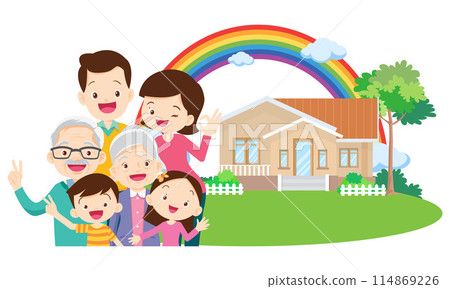 Happy big family in front of house ,rainbow Happy big family in front of house ,rainbow 114869226