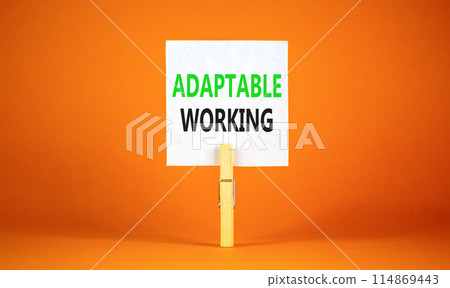 Adaptable working symbol. Concept words Adaptable working on beautiful white paper on wooden clothespin. Beautiful orange background. Business Adaptable working concept. Copy space. Adaptable working symbol. Concept words Adaptable working on beautiful white paper on wooden clothespin. Beautiful orange background. Business Adaptable working concept. Copy space. 114869443