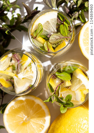 Healthy summer homemade lemonades - water with lemon and mint view from above. Healthy summer homemade lemonades - water with lemon and mint view from above. 114869460