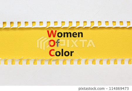 WOC women of color symbol. Concept words WOC women of color on beautiful yellow paper. Beautiful white paper background. Business WOC women of color social issues concept. Copy space. WOC women of color symbol. Concept words WOC women of color on beautiful yellow paper. Beautiful white paper background. Business WOC women of color social issues concept. Copy space. 114869473