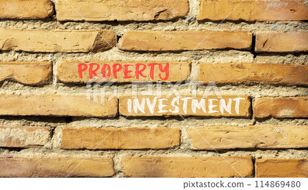 Property investment symbol. Concept words Property investment on beautiful brick wall. Beautiful red brown brick wall background. Business Property investment concept. Copy space. 114869480