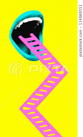 Contemporary art collage. Surreal artwork in vibrant trendy colors. Mouth wide open, with ladder extending out of it in zigzag. 114869551