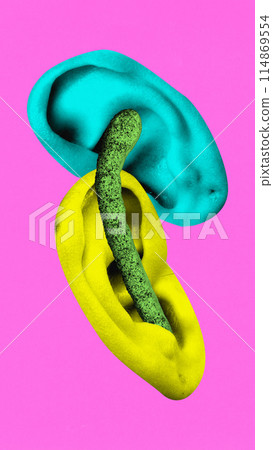 Contemporary art collage. Surreal artwork in vibrant trendy colors. two oversized ears intertwined by textured object, mud. Contemporary art collage. Surreal artwork in vibrant trendy colors. two oversized ears intertwined by textured object, mud. 114869554