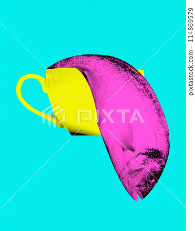 Contemporary art collage. Surreal artwork in vibrant trendy colors. Yellow cup with pink fish emerging from it Contemporary art collage. Surreal artwork in vibrant trendy colors. Yellow cup with pink fish emerging from it 114869579