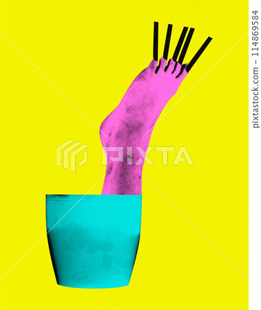 Contemporary art collage. Surreal artwork in vibrant trendy colors. Human foot sprouting from turquoise pot. Pop art. Contemporary art collage. Surreal artwork in vibrant trendy colors. Human foot sprouting from turquoise pot. Pop art. 114869584