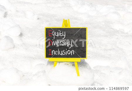EDI equity diversity inclusion symbol. Concept words EDI equity diversity inclusion on yellow blackboard. Beautiful white snow background. Business EDI equity diversity inclusion concept. Copy space. 114869597