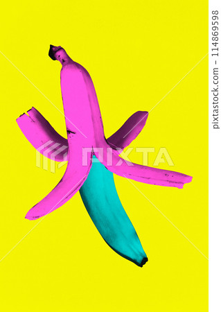 Contemporary art collage. Surreal artwork in vibrant trendy colors. Open banana with pink peel on closed fruit with blue peel Contemporary art collage. Surreal artwork in vibrant trendy colors. Open banana with pink peel on closed fruit with blue peel 114869598