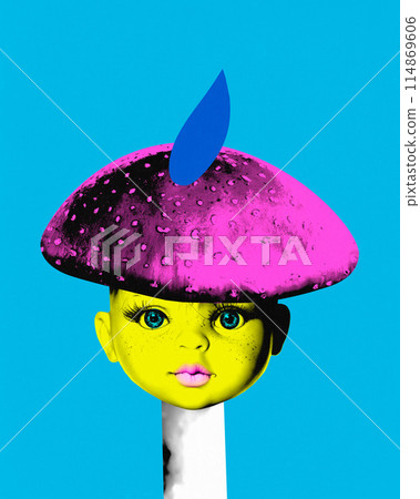 Contemporary art collage. Surreal artwork in vibrant trendy colors. Yellow doll's head adorned with large, pink mushroom cap 114869606